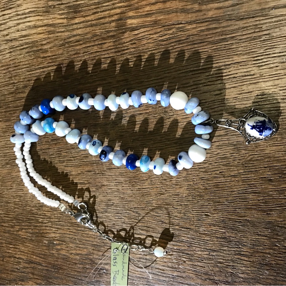 Handmade Glass Bead Necklace w Delft Windmill Charm